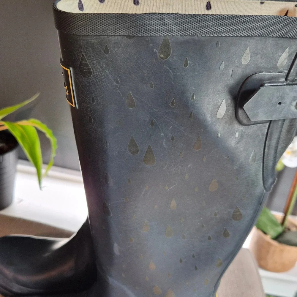 Joules Welly Print Rain Boots Navy Blue Raindrop Tall Waterproof Womens Size 7